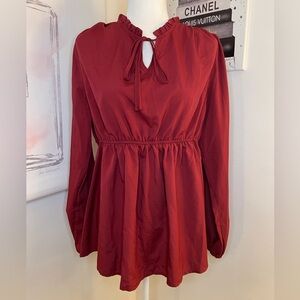 Maacie Long Sleeve Tie Front Peplum Blouse Burgundy Size Large